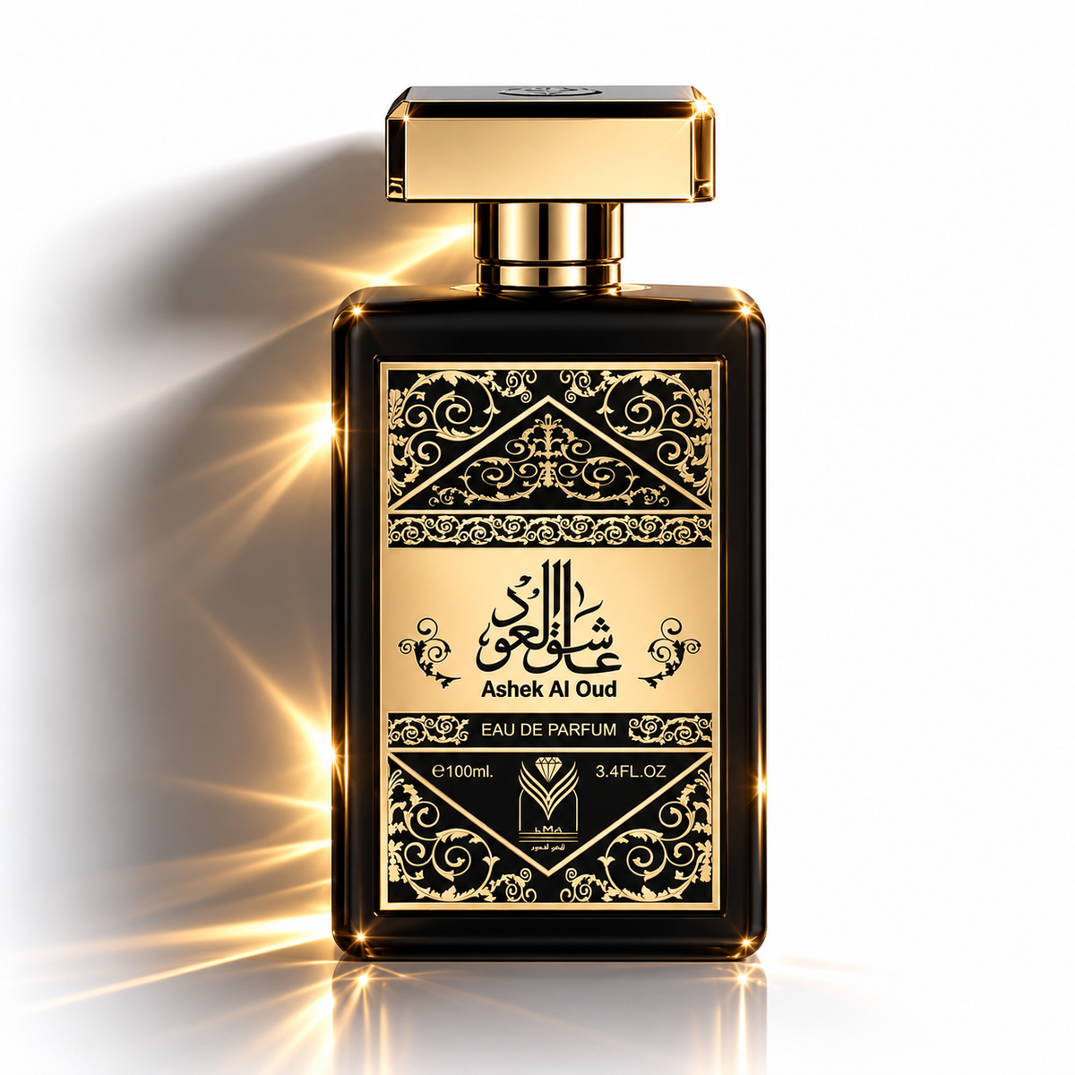A luxury perfume bottle with a rectangular black glass body and a shiny gold cap, featuring an ornate gold label with Arabic calligraphy and the text 'Ashek Al Oud' and 'EAU DE PARFUM'. The bottle is centered on a clean white background with dramatic golden light rays shining from the left.