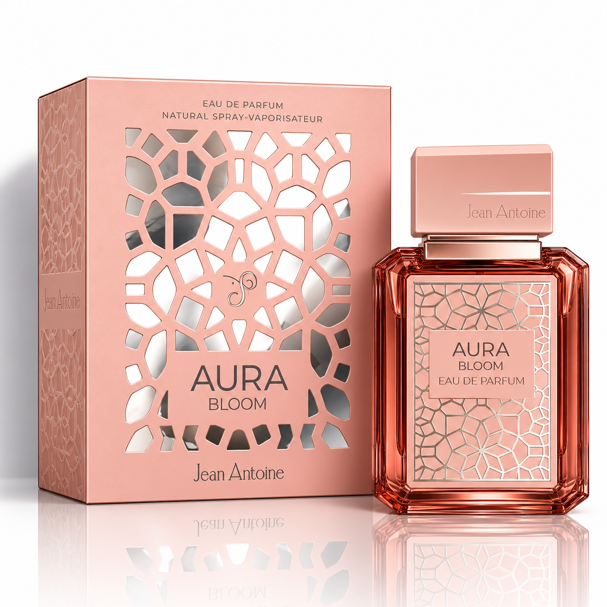 Jean Antoine Aura Bloom Eau de Parfum bottle and its matching pink packaging box, featuring a geometric cutout design and rose gold metallic accents.