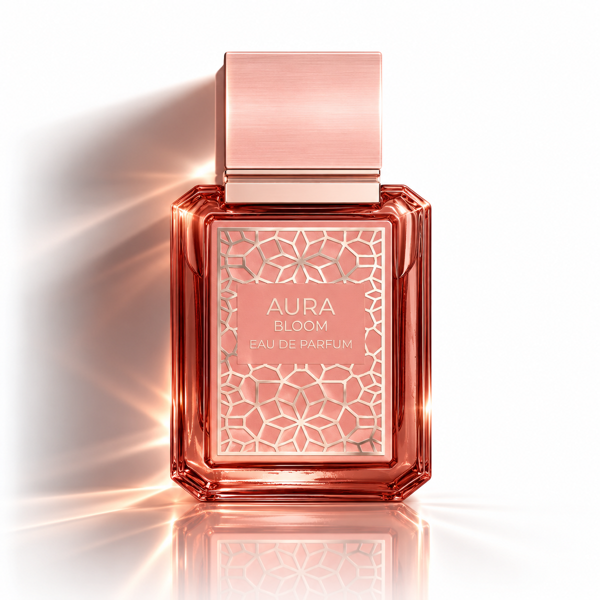 A rectangular glass perfume bottle with a metallic rose gold cap, featuring a geometric patterned label that reads 'AURA BLOOM EAU DE PARFUM'. The bottle is set against a clean white background with dramatic light rays and a soft reflection below.