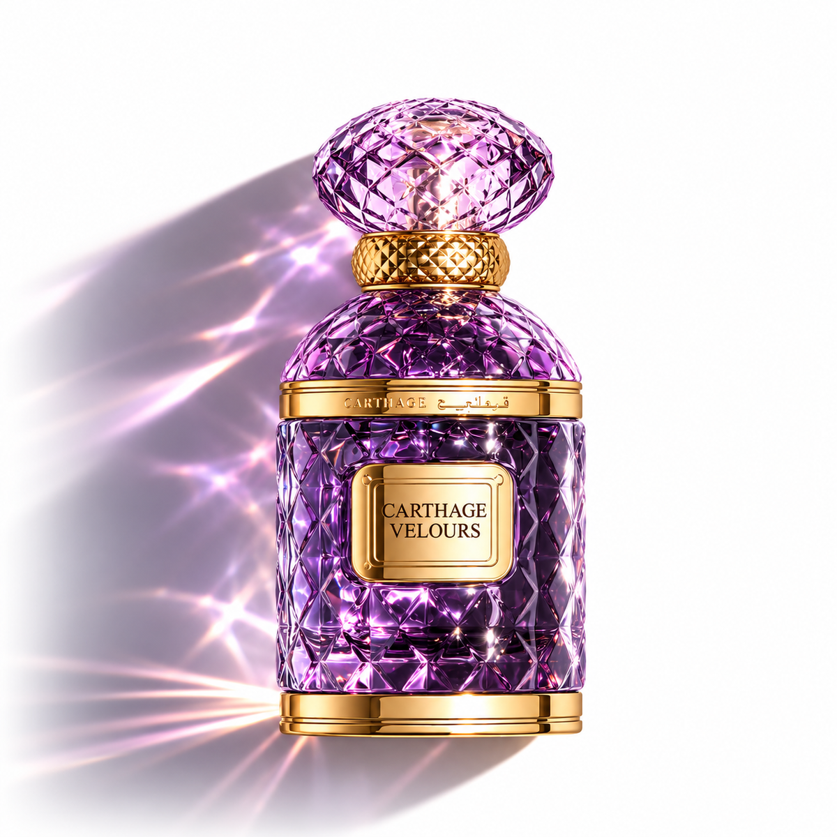 A luxury perfume bottle named 'Carthage Velours' with a faceted purple crystal-like body and gold trim, set against a white background with dramatic light flares.