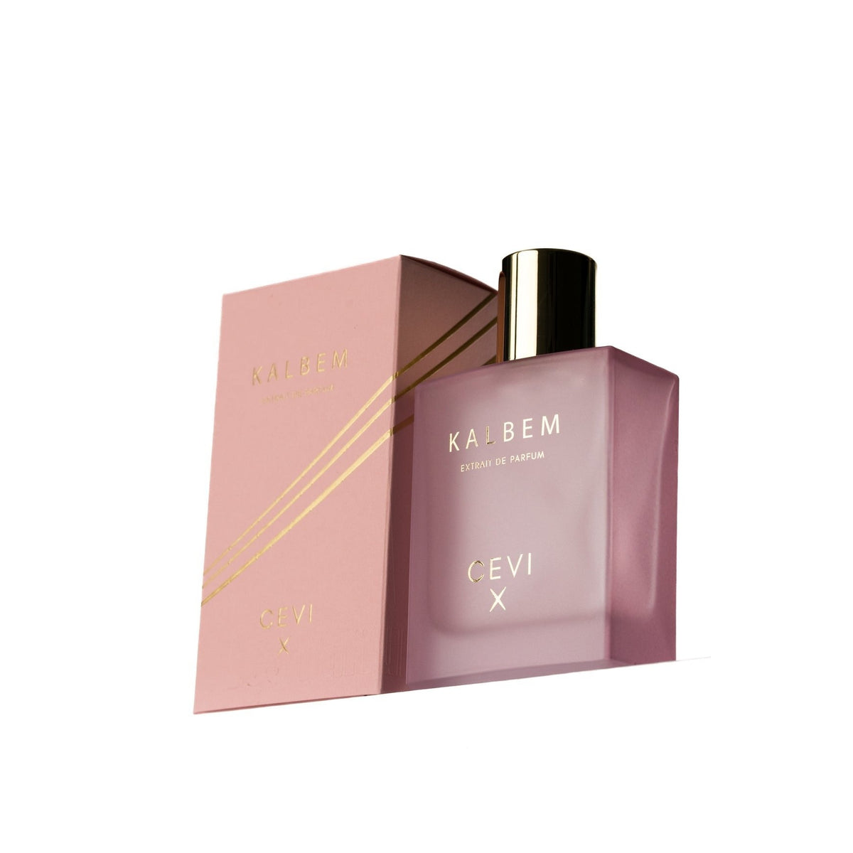 Cevi X Kalbem extrait de parfum frosted pink bottle with gold cap in front of its pink box with gold diagonal stripes