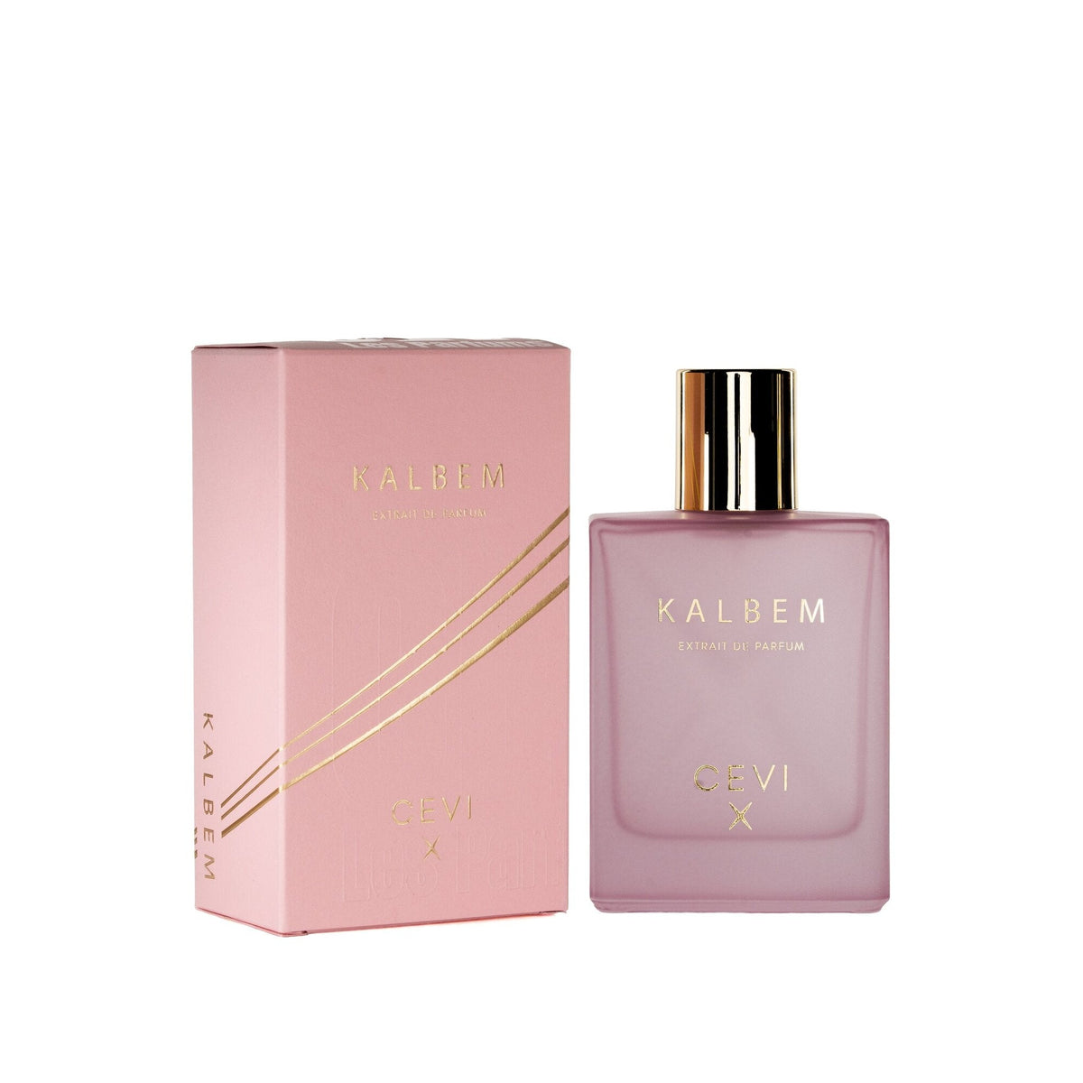 Cevi X Kalbem extrait de parfum frosted pink bottle with gold cap standing beside its pink box with gold stripes