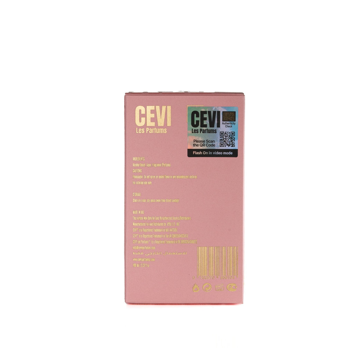 Back of the Cevi X Kalbem pink box showing ingredients, cautions, authenticity QR code and barcode