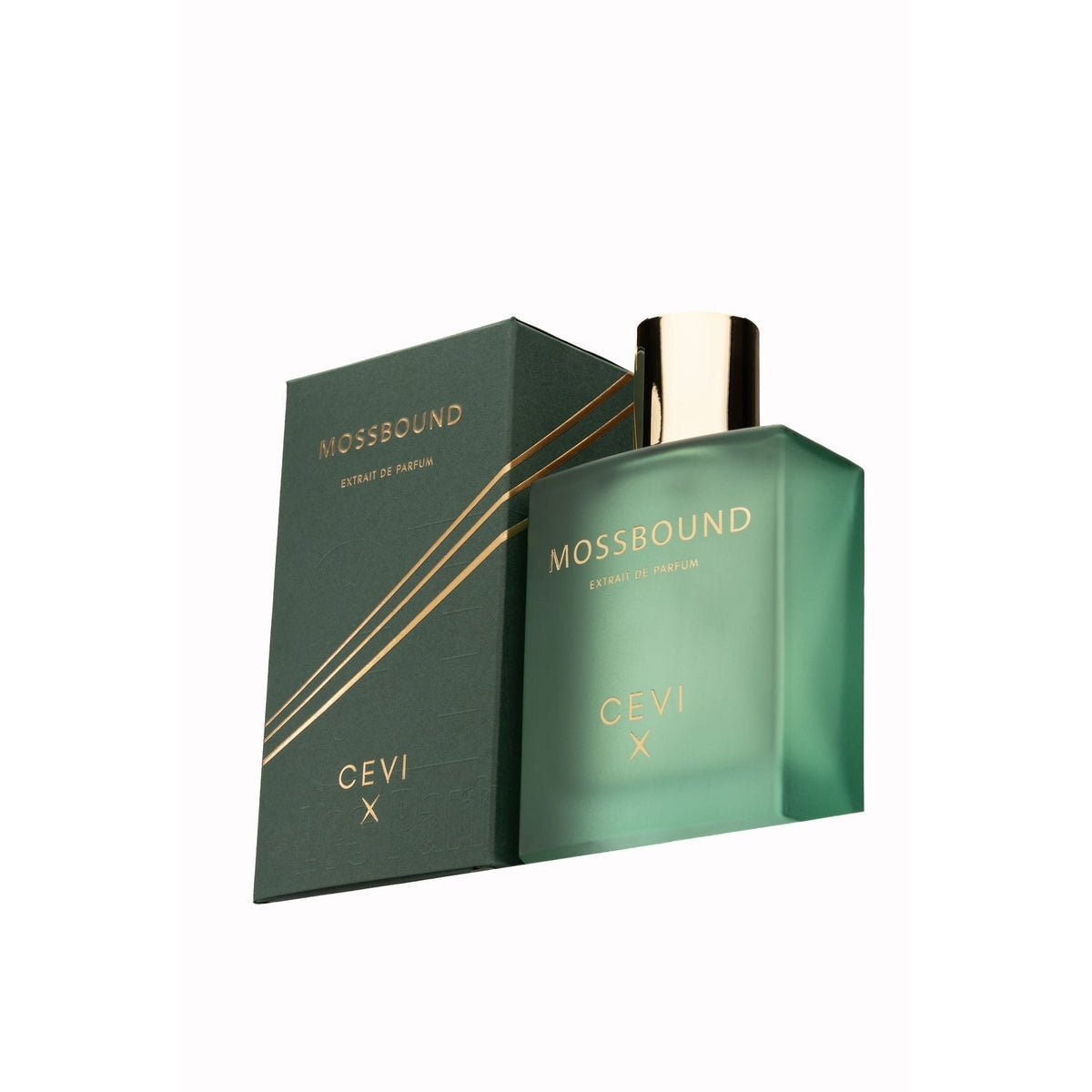 Cevi X Mossbound Extrait de Parfum frosted green bottle with gold cap in front of its dark green box with gold diagonal stripes