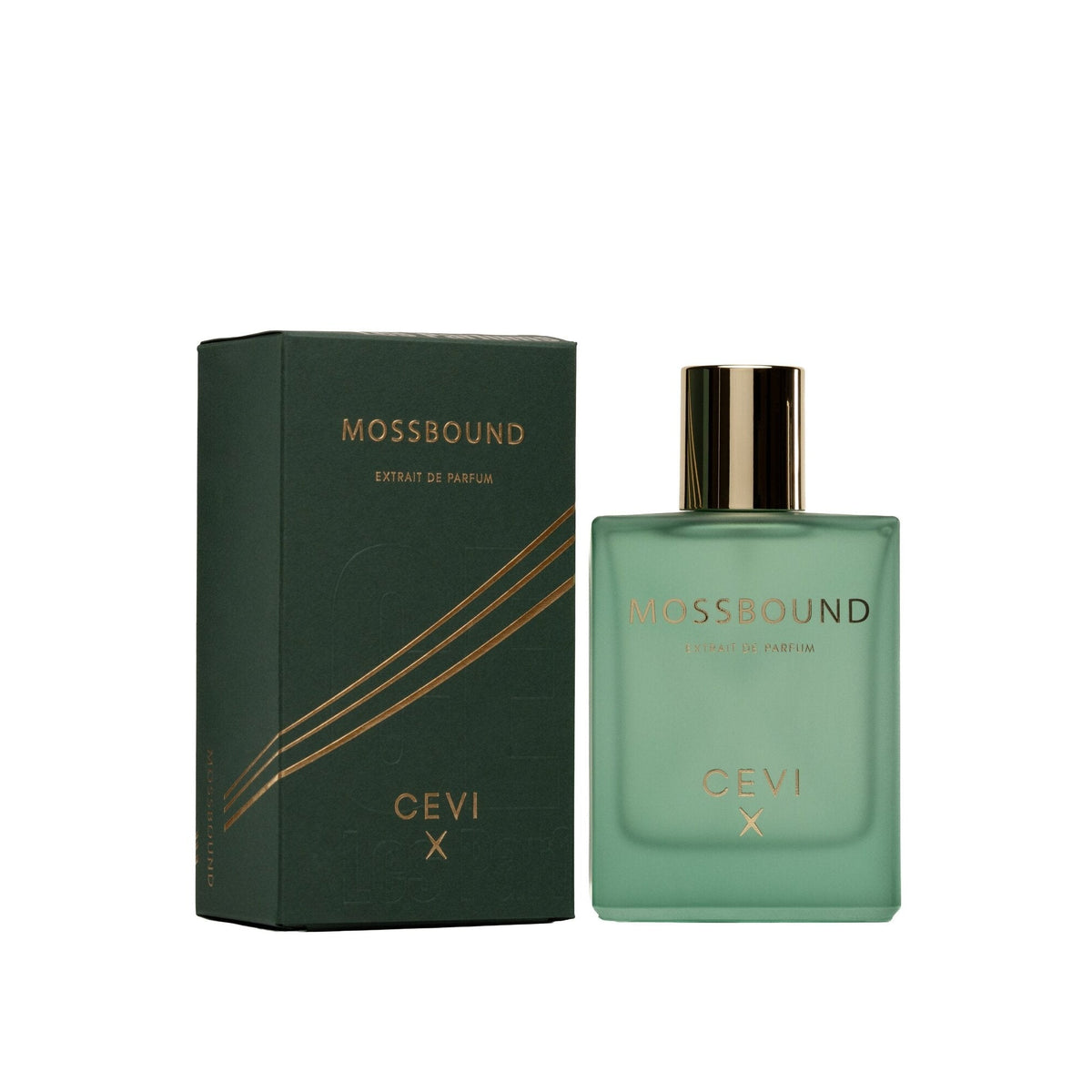 Cevi X Mossbound Extrait de Parfum frosted green bottle with gold cap standing beside its dark green gold-striped box