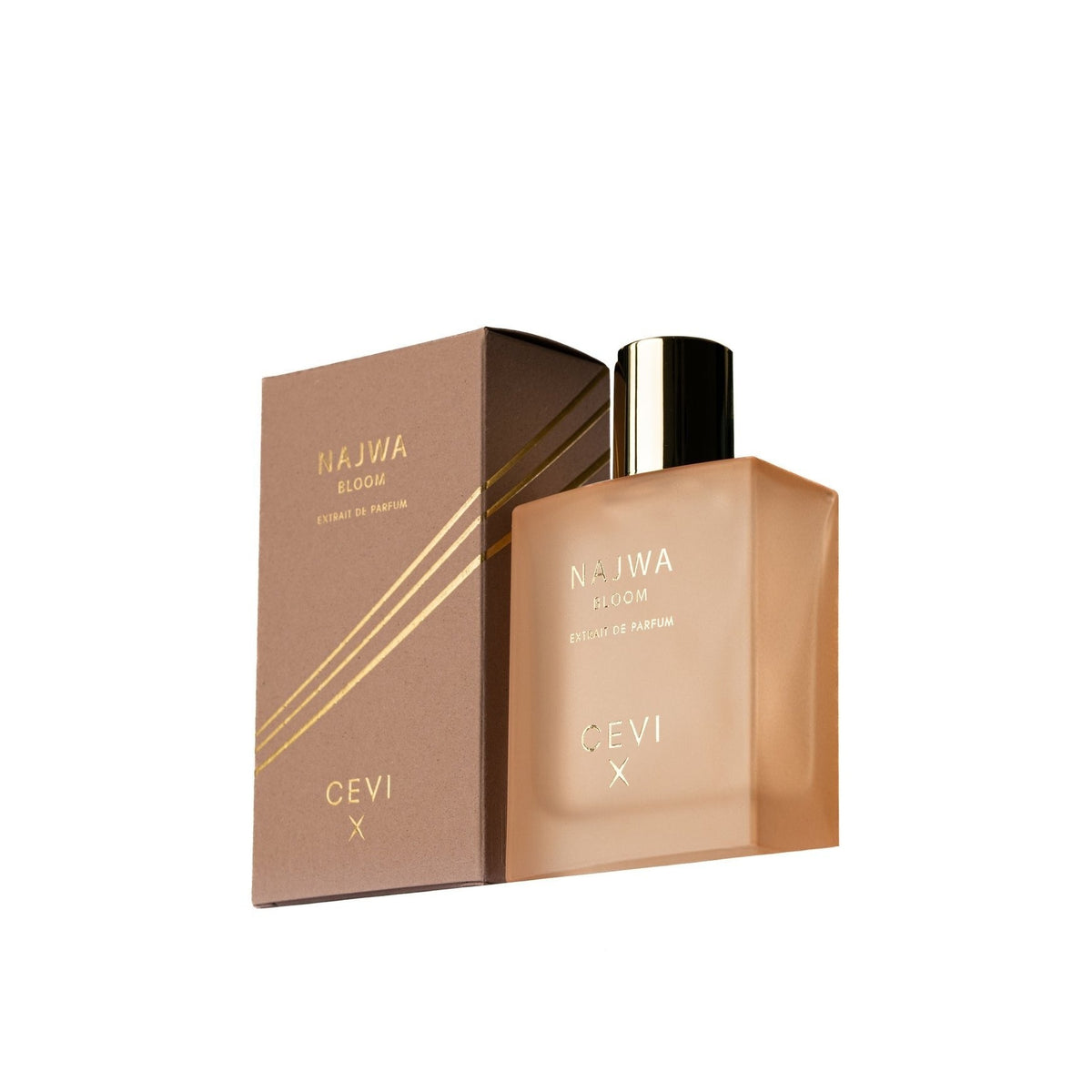 Cevi X Najwa Bloom extrait de parfum nude frosted bottle with black cap standing in front of its nude box, both with gold NAJWA BLOOM and CEVI X lettering