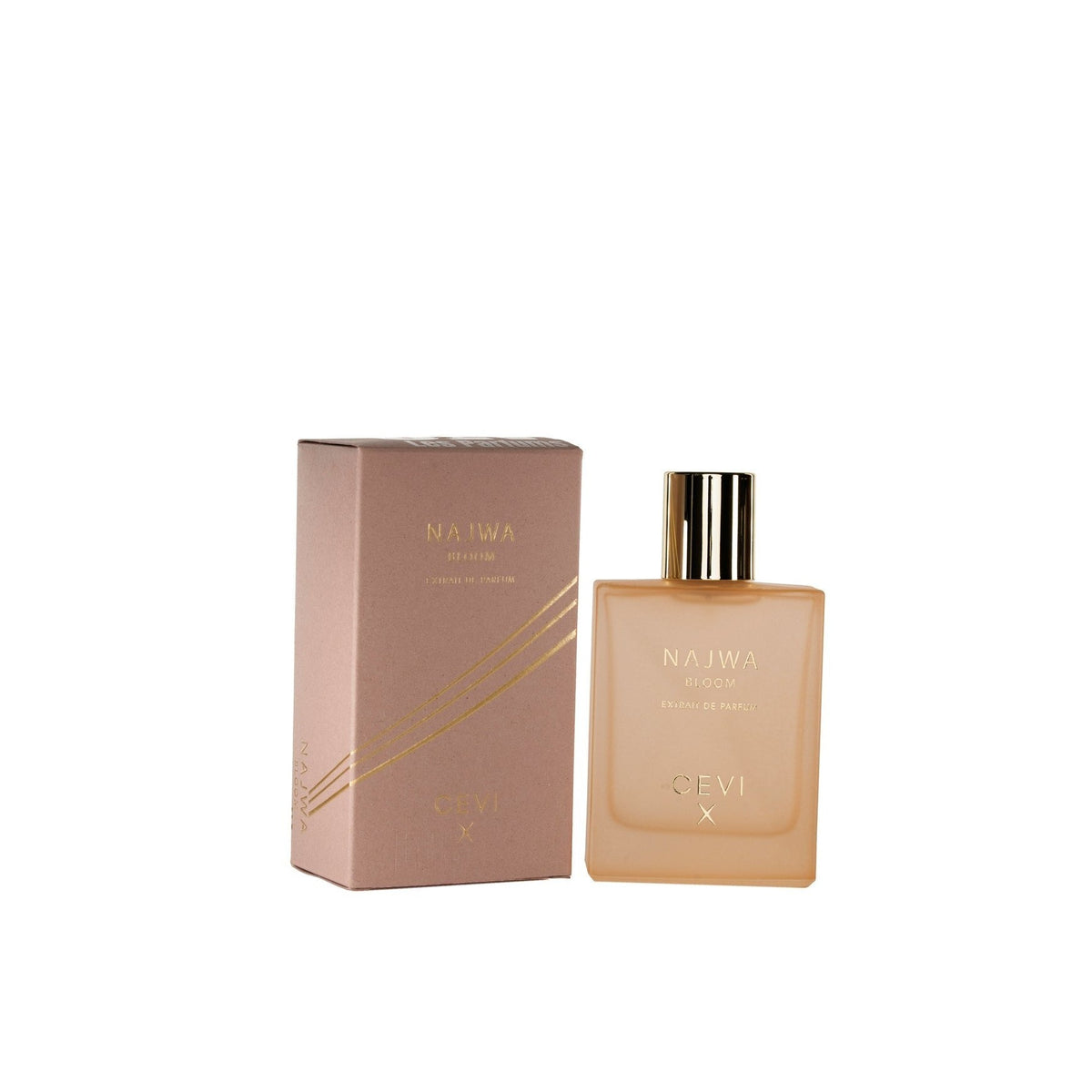 Cevi X Najwa Bloom extrait de parfum nude presentation box with gold diagonal stripes standing beside its nude frosted bottle with gold cap