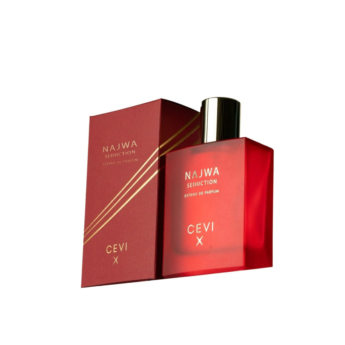 Cevi X Najwa Seduction extrait de parfum red bottle with gold cap leaning against its red box with gold stripes