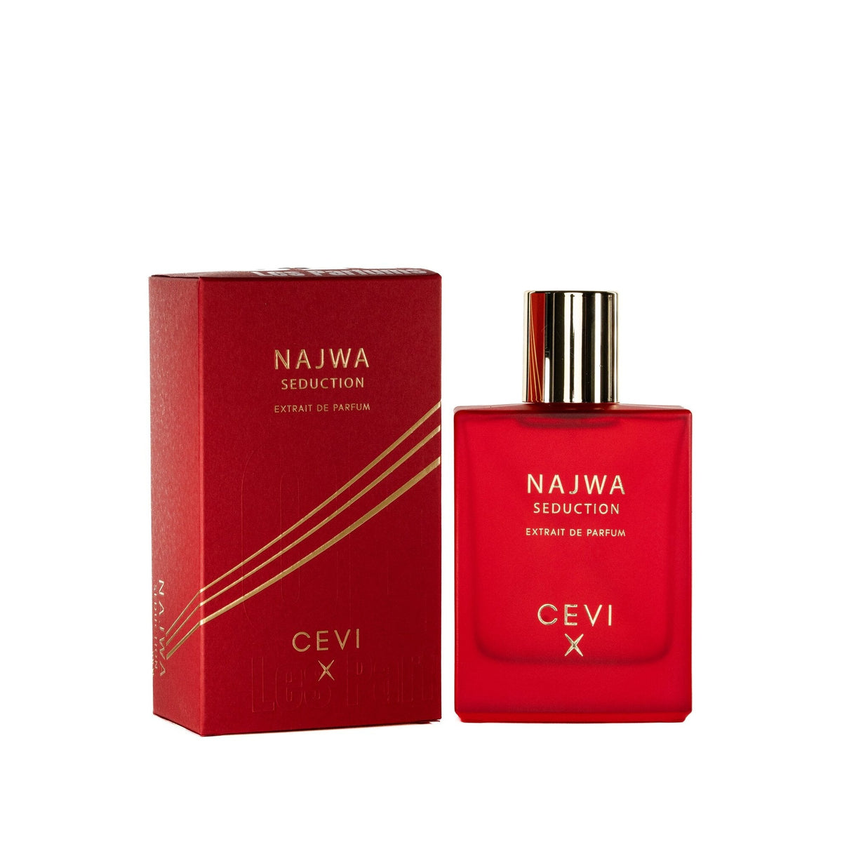 Cevi X Najwa Seduction extrait de parfum red bottle with gold cap standing beside its red box with diagonal gold stripes