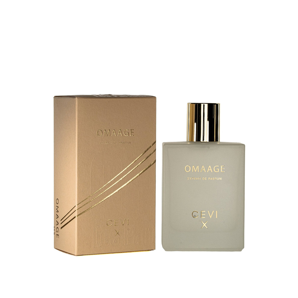 Cevi X Omaage extrait de parfum frosted bottle with black and gold cap standing beside its tan box with gold stripes
