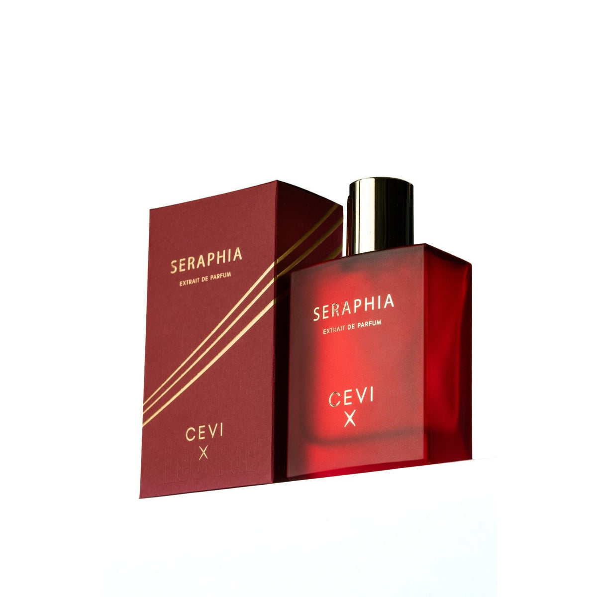 Cevi X Seraphia extrait de parfum red frosted bottle with gold cap standing in front of its red box, both with gold SERAPHIA and CEVI X lettering