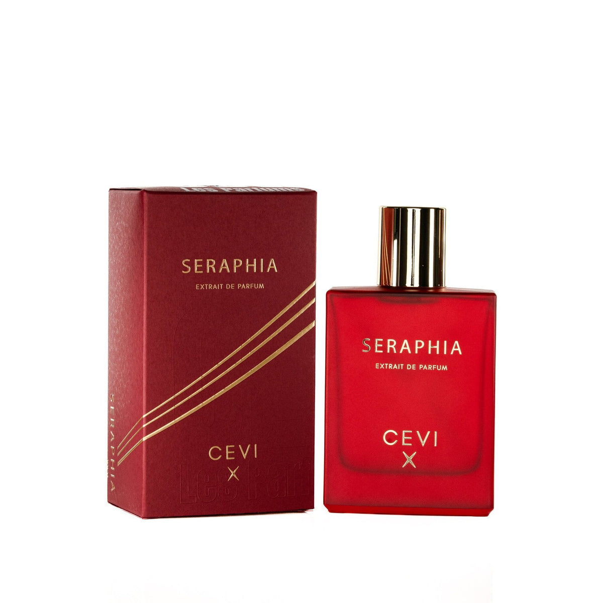Cevi X Seraphia extrait de parfum red presentation box with gold diagonal stripes standing beside its red bottle with gold cap
