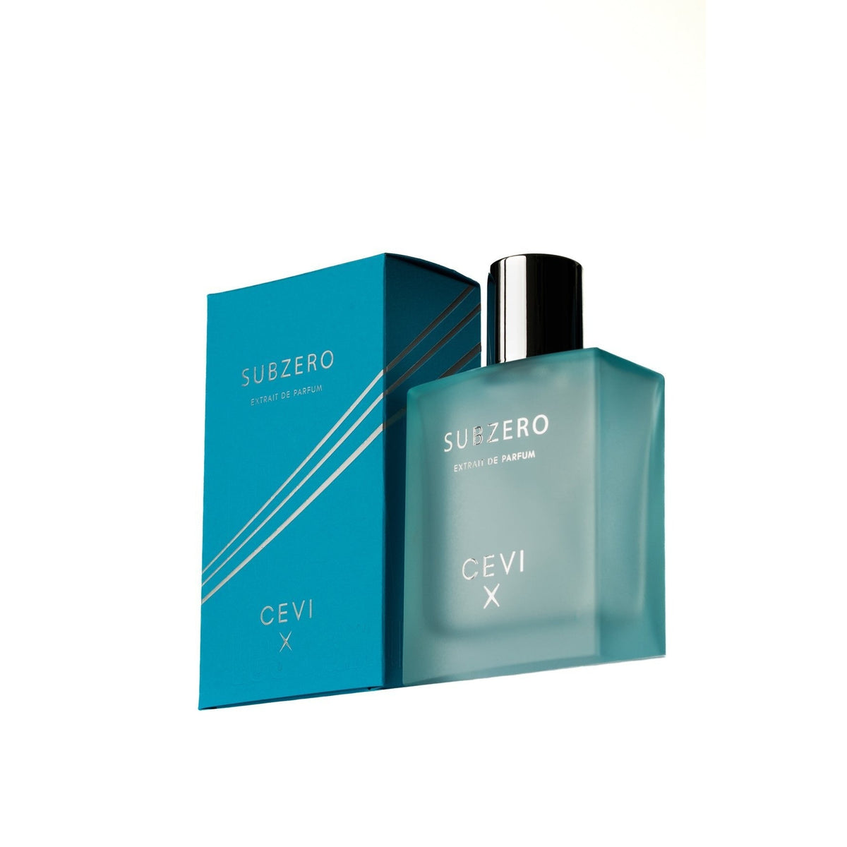Cevi X Subzero extrait de parfum frosted turquoise bottle with silver cap in front of its striped turquoise box