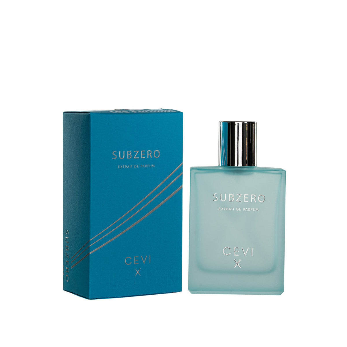 Cevi X Subzero extrait de parfum frosted bottle with chrome cap standing beside its turquoise striped box