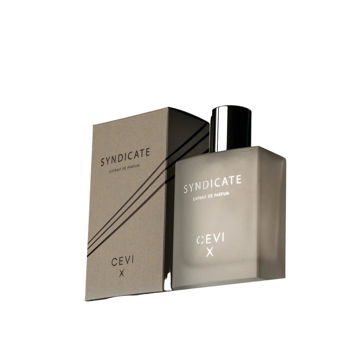 Cevi X Syndicate extrait de parfum frosted bottle standing in front of its beige presentation box, both showing the black SYNDICATE and CEVI X logo