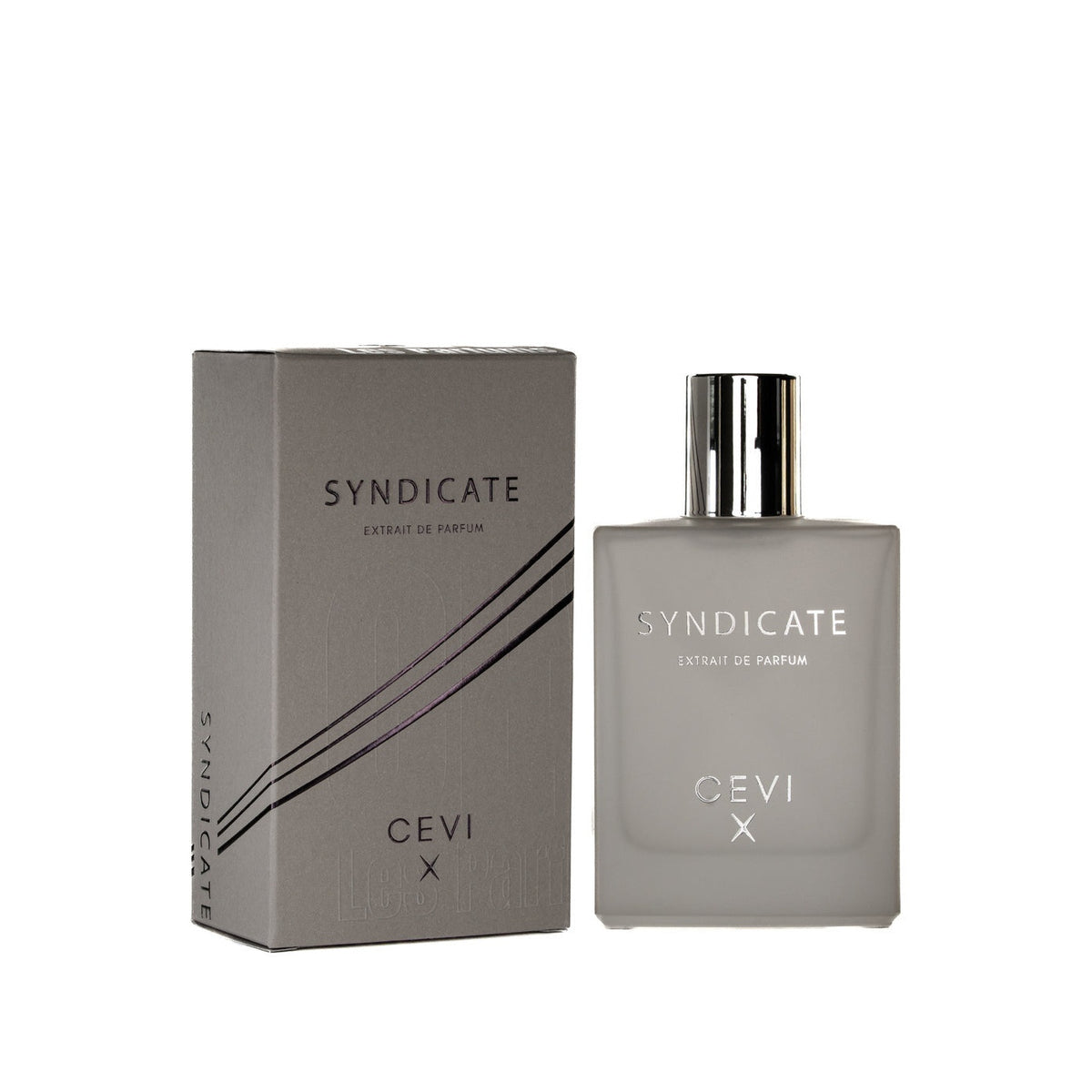 Cevi X Syndicate extrait de parfum beige box standing beside its frosted glass bottle with chrome cap, both with black SYNDICATE branding