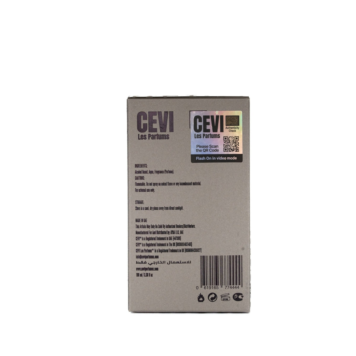Back of the Cevi X Syndicate perfume box showing ingredients, cautions, storage and made in UAE details, a CEVI authenticity hologram sticker with QR code and the barcode