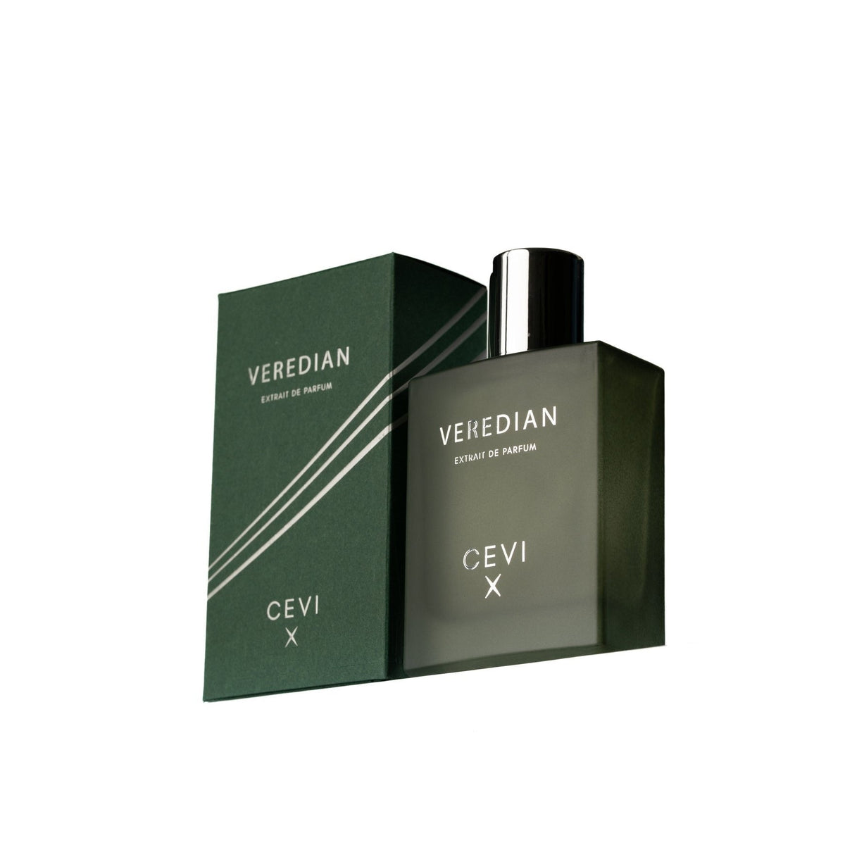 Cevi X Veredian extrait de parfum frosted green bottle with silver cap in front of its green box with white diagonal stripes