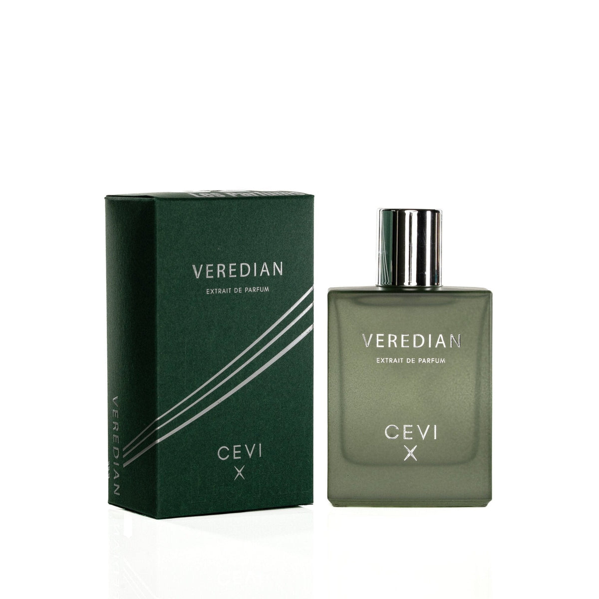 Cevi X Veredian extrait de parfum frosted green bottle with chrome cap standing beside its green striped box