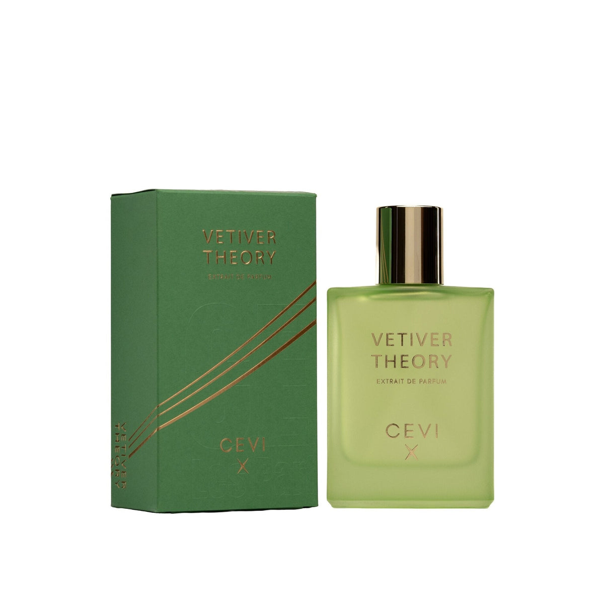 Cevi X Vetiver Theory Extrait de Parfum 100ml perfume bottle beside its box | Nuxa Scents