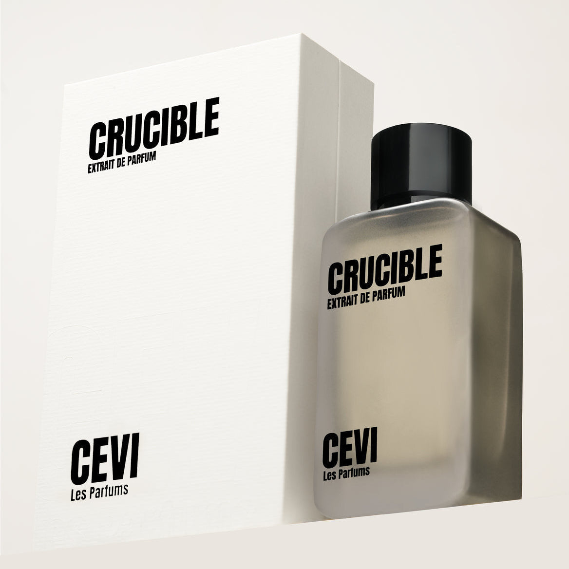 Crucible 100ml Extrait de Parfum frosted bottle in front of its white box | Nuxa Scents