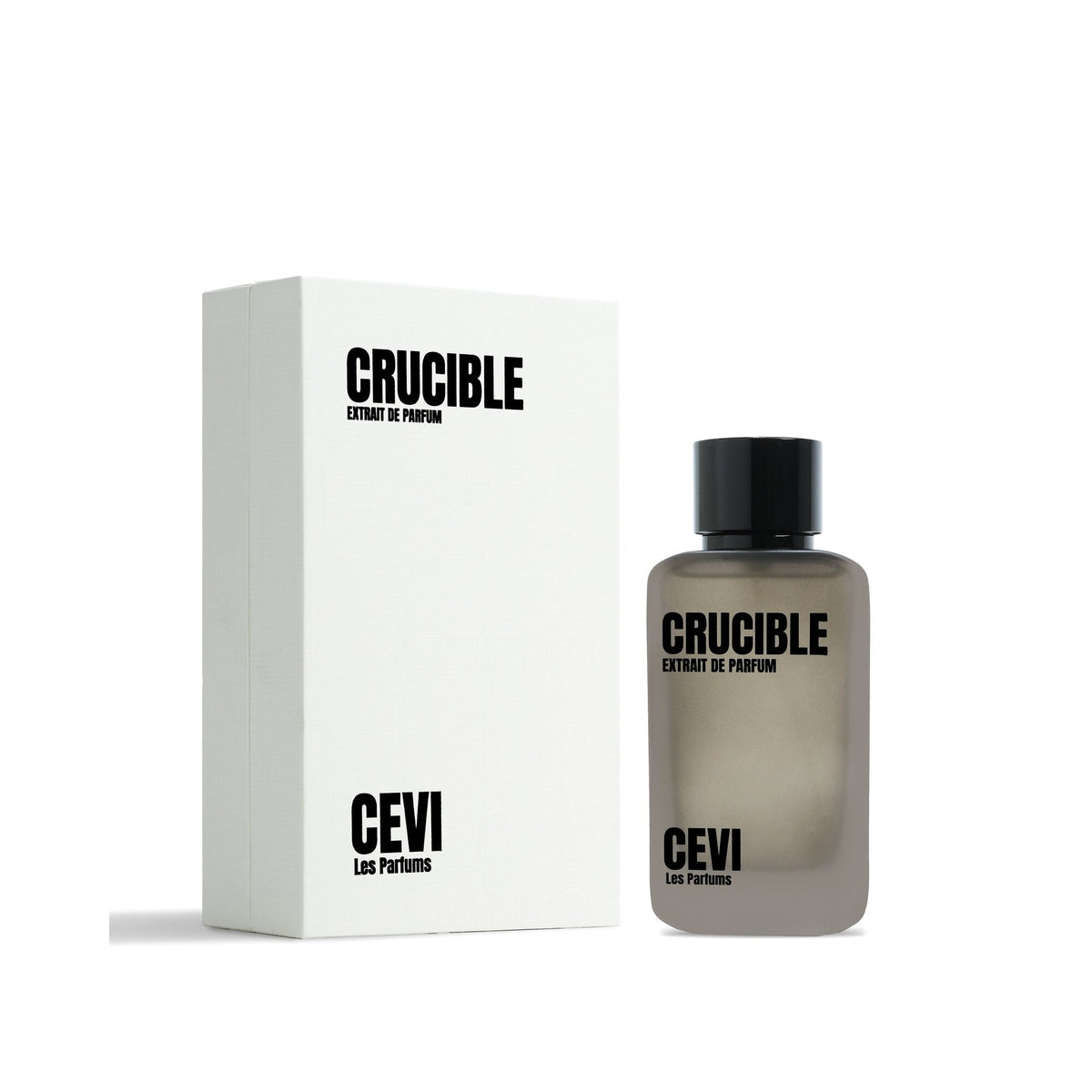 Crucible 100ml Extrait de Parfum bottle standing beside its tall white box | Nuxa Scents