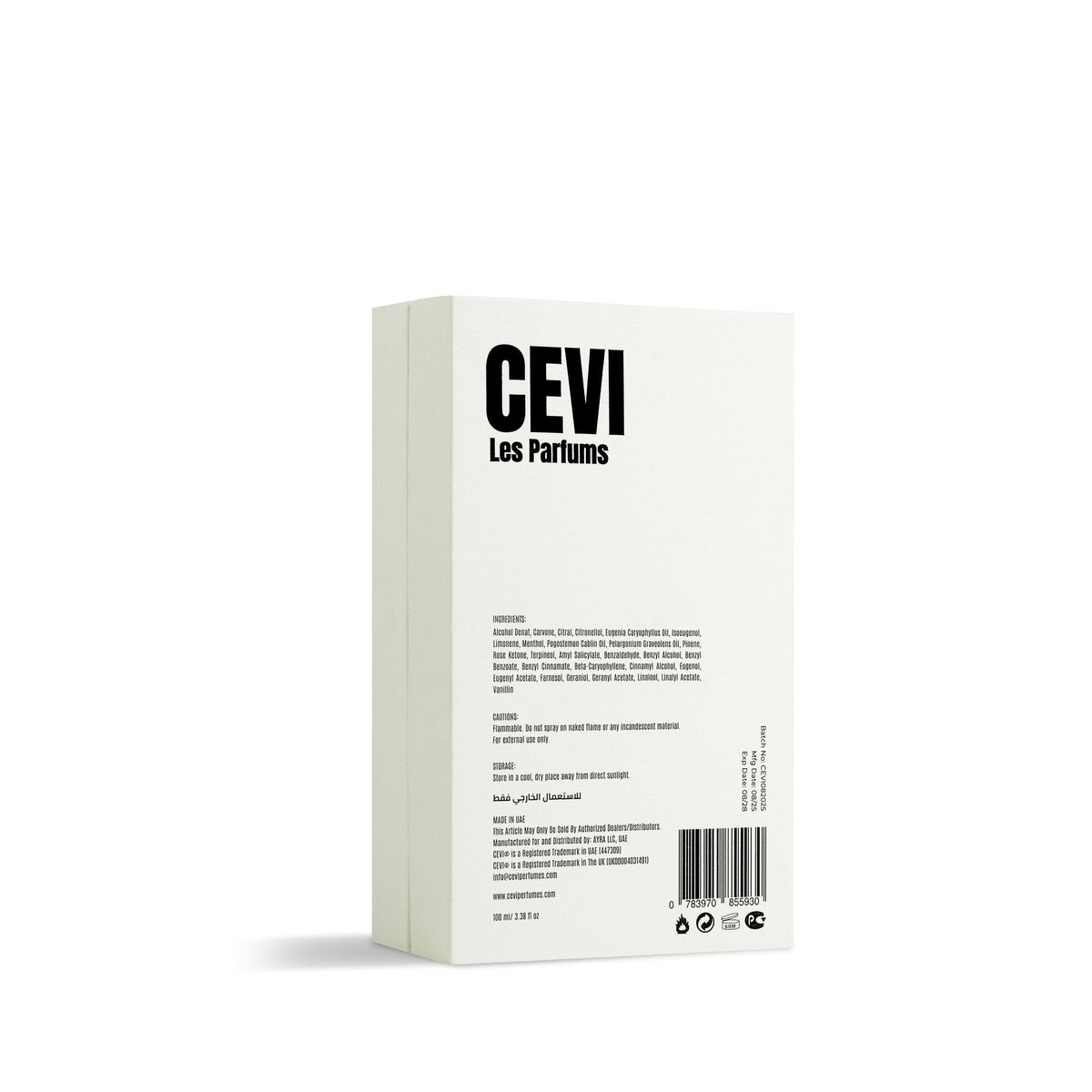 Back of the Crucible 100ml Extrait de Parfum box showing ingredients and barcode | Nuxa Scents