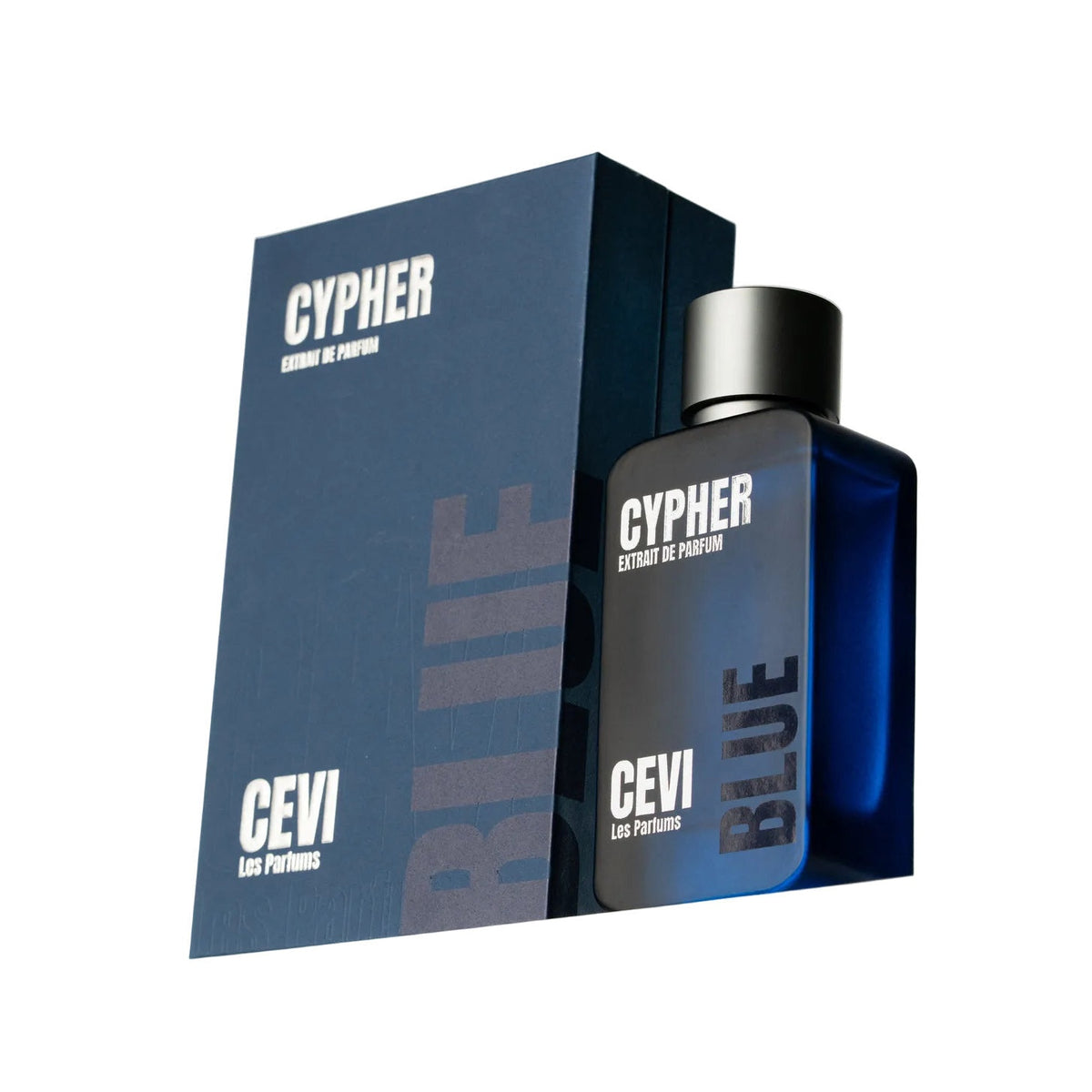 Cypher Blue by Cevi Les Parfums extrait de parfum bottle standing next to its blue presentation box