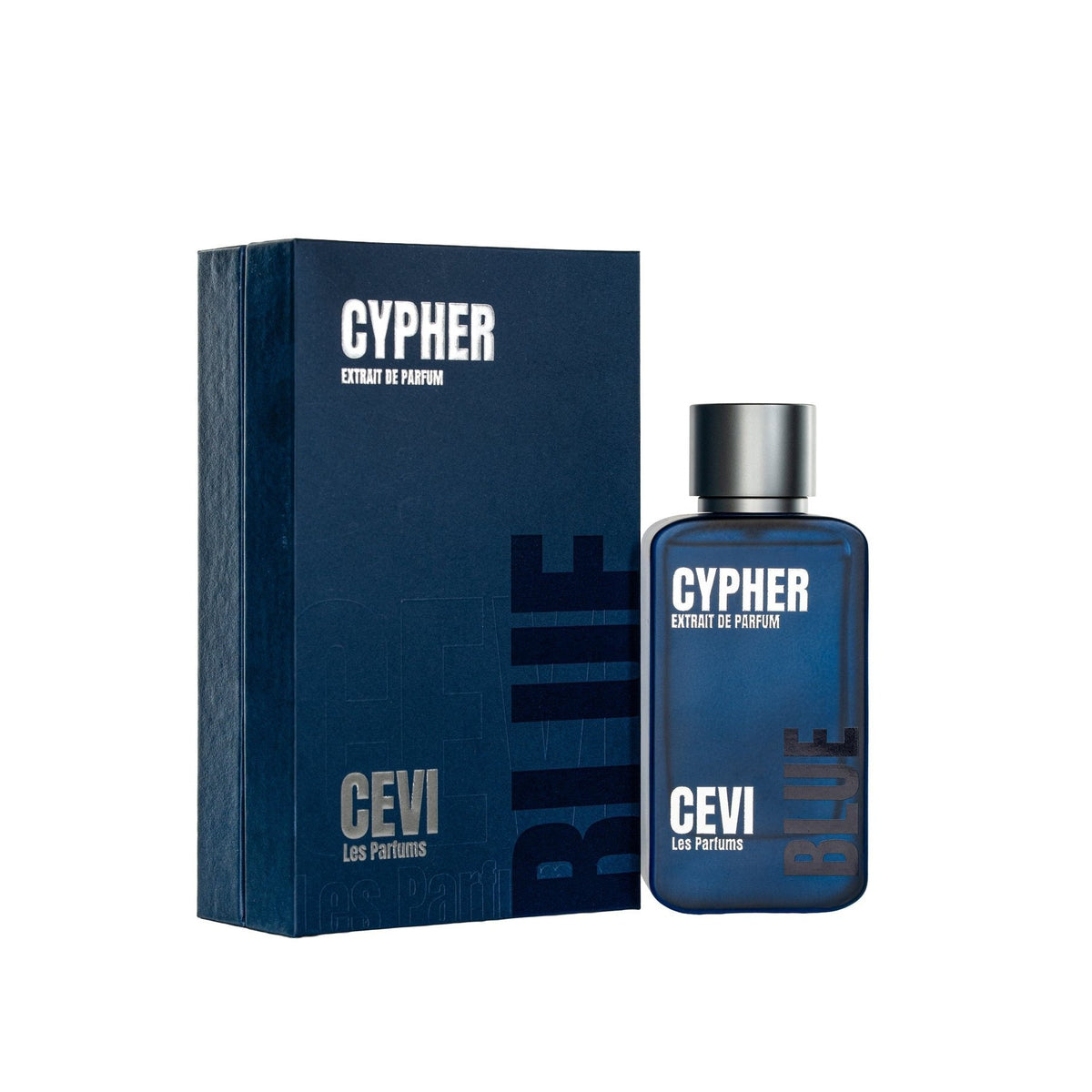Cypher Blue by Cevi Les Parfums extrait de parfum bottle in front of its tall blue box on a white background