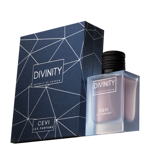 Divinity perfume bottle and packaging on a white background