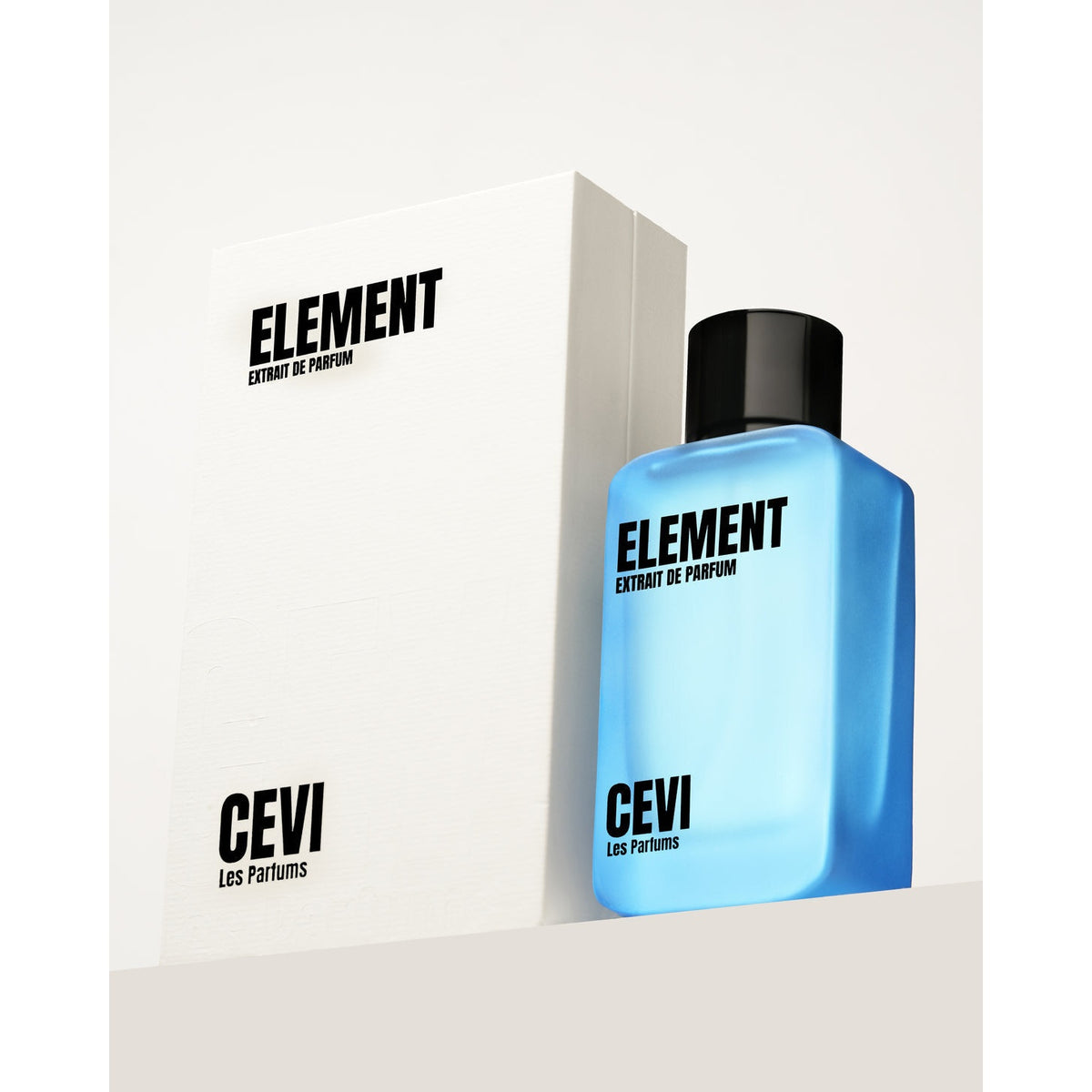 Element by Cevi Les Parfums 100ml extrait de parfum, blue bottle in front of its white box