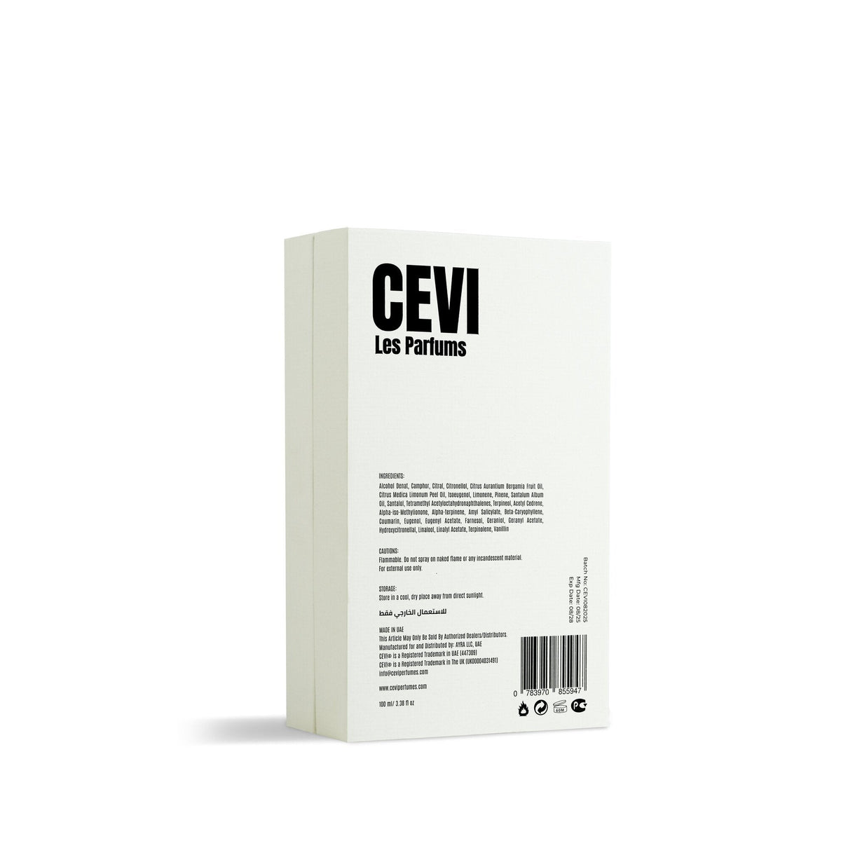 Back of the white Element by Cevi Les Parfums box with ingredients list and barcode