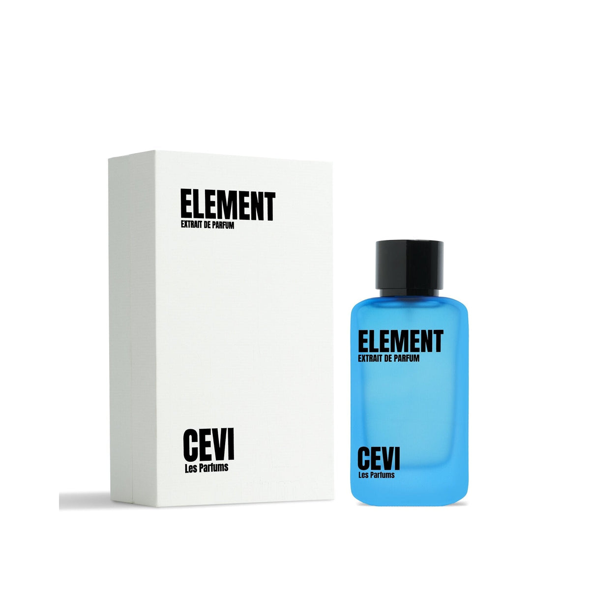 Element by Cevi Les Parfums 100ml extrait de parfum, blue bottle beside its white box on a white background