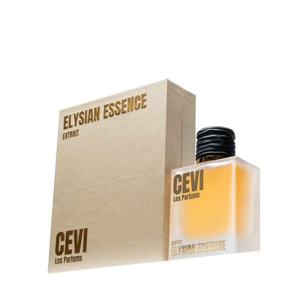 Elysian Essence by Cevi Les Parfums, golden extrait de parfum bottle in front of its cream box