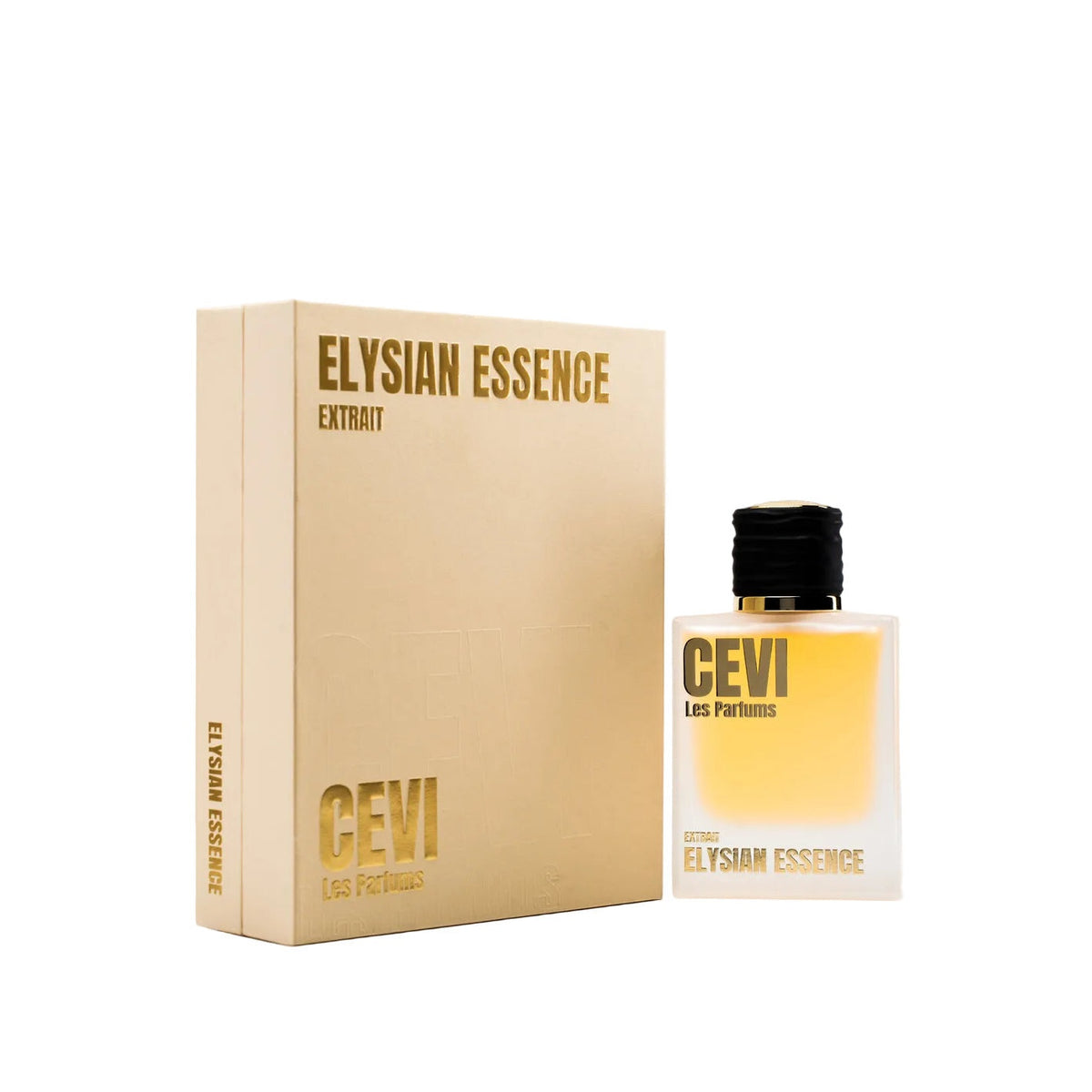 Elysian Essence by Cevi Les Parfums, frosted bottle with golden juice beside its cream box