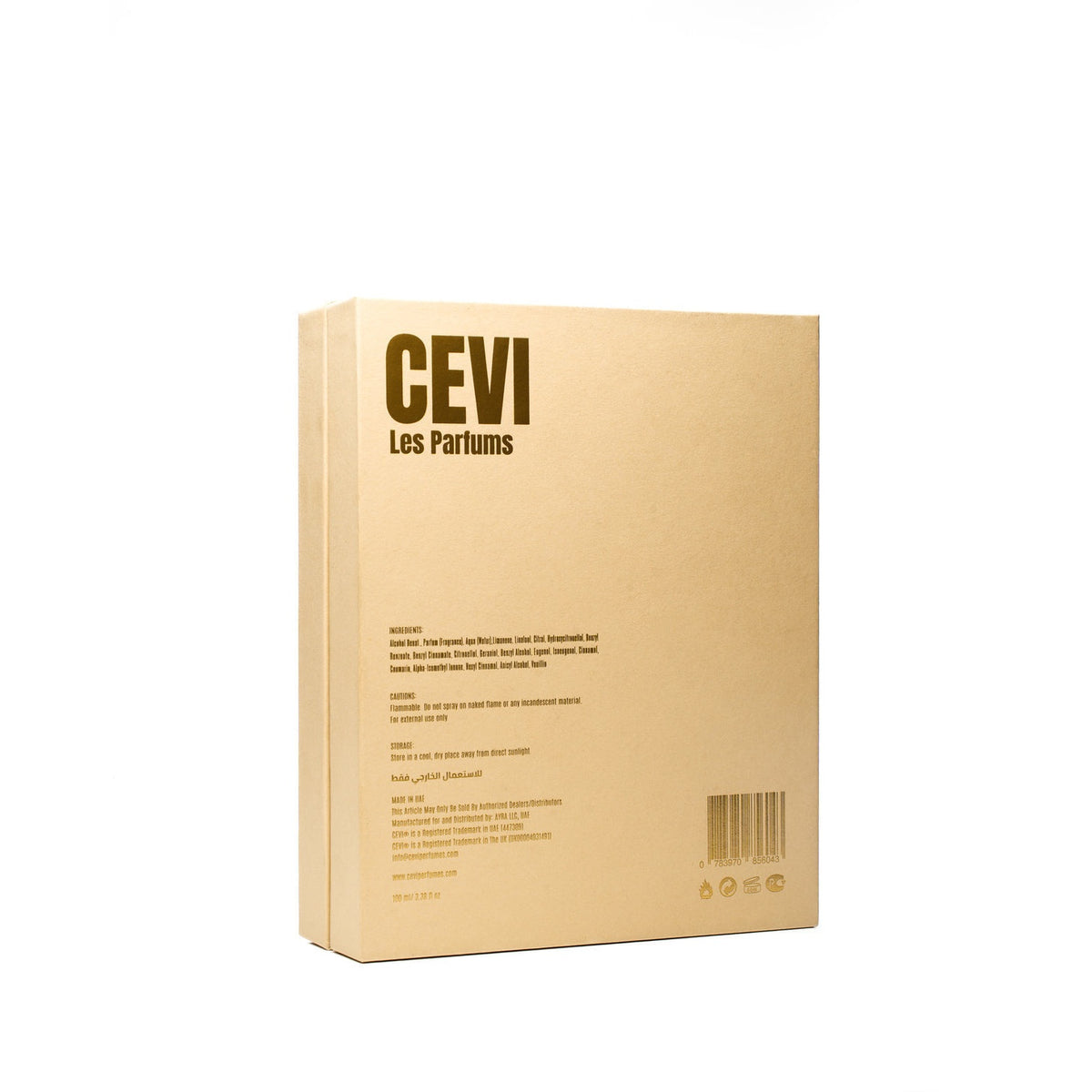 Back of the Elysian Essence by Cevi Les Parfums box showing ingredients list and barcode