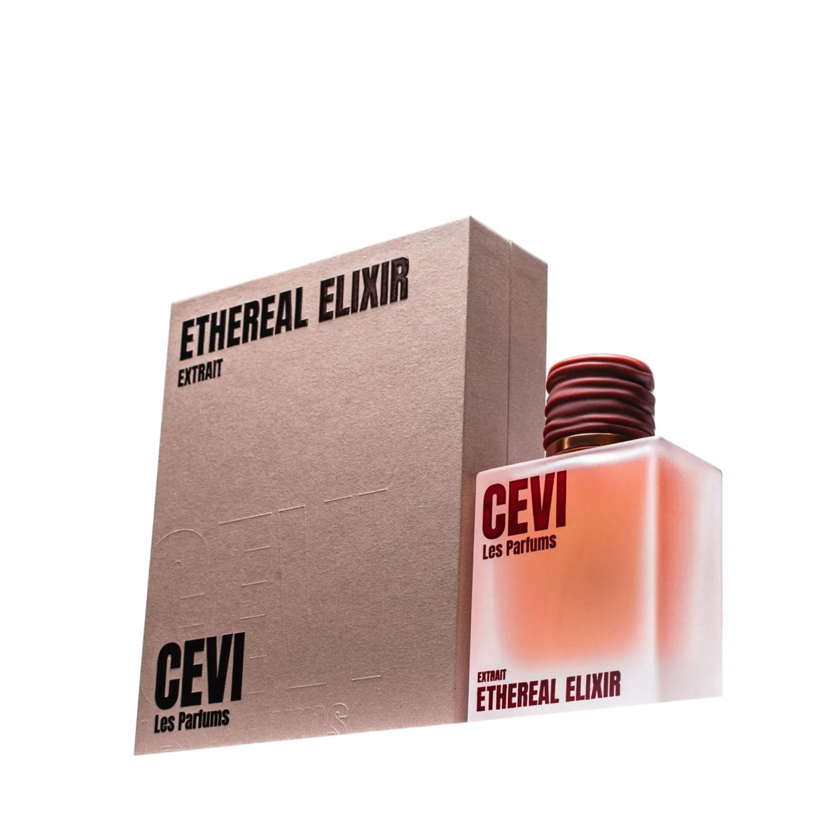 Ethereal Elixir by Cevi Les Parfums, pink perfume bottle standing in front of its pink box