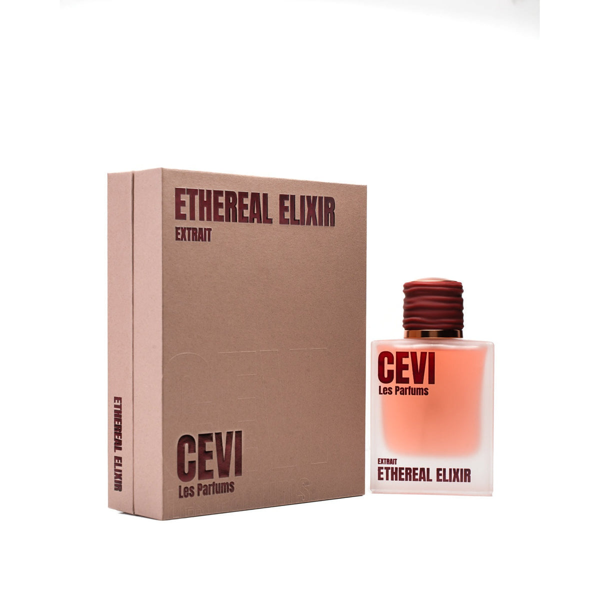 Ethereal Elixir by Cevi Les Parfums, pink extrait de parfum bottle beside its branded box