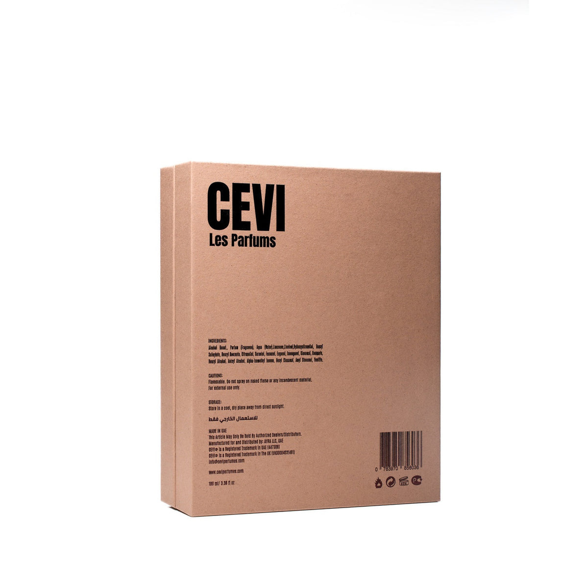 Back of the Ethereal Elixir by Cevi Les Parfums box showing ingredients list and barcode