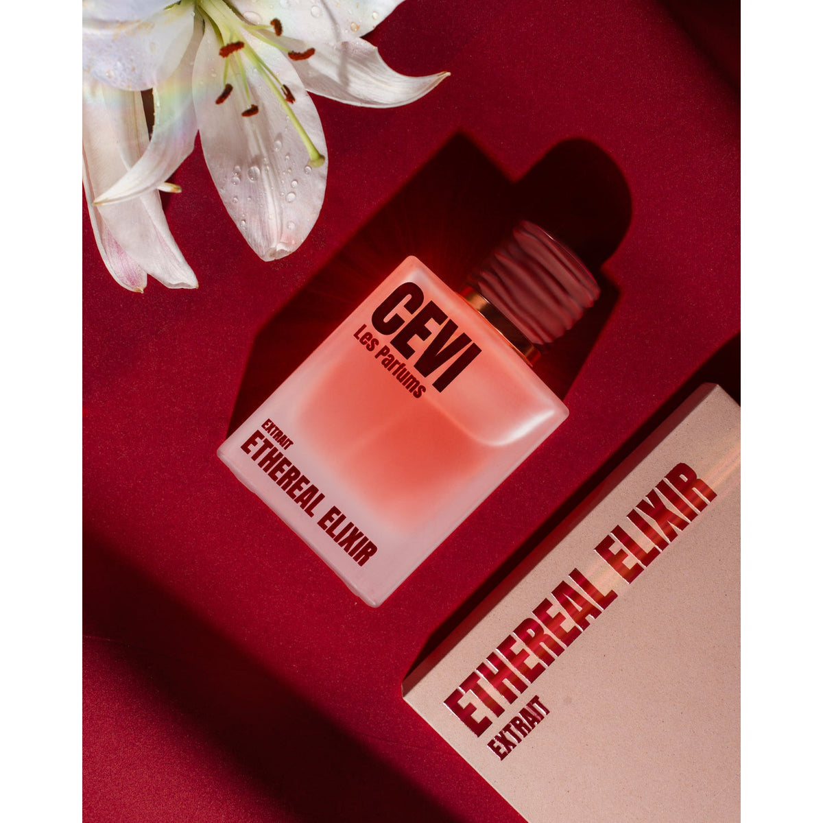 Ethereal Elixir by Cevi Les Parfums bottle and box styled with white lilies on a red background