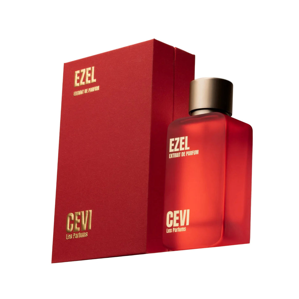 Ezel by Cevi Les Parfums 100ml extrait de parfum, red bottle with gold cap in front of its red box | Nuxa Scents