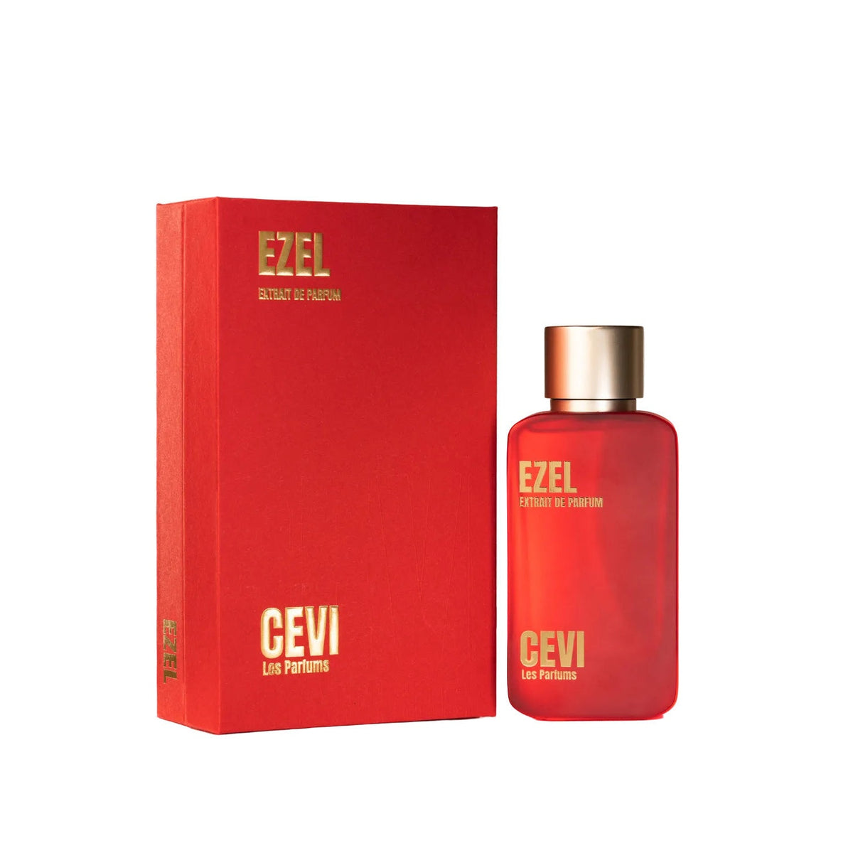 Front view of the Ezel by Cevi Les Parfums red perfume bottle with gold cap beside its red box | Nuxa Scents