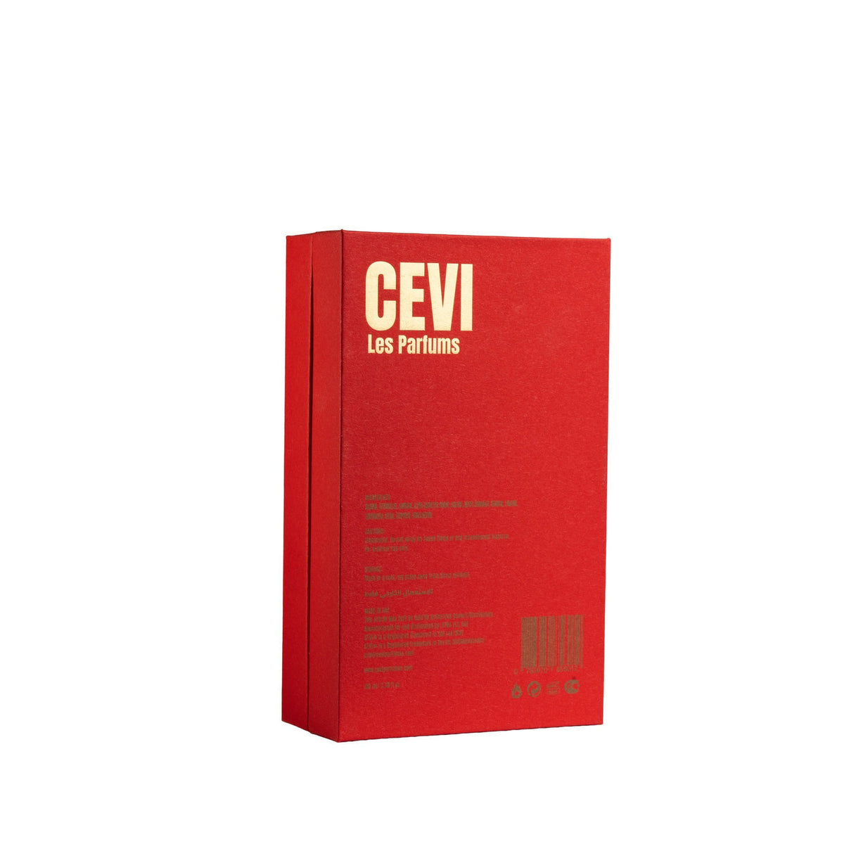 Back of the red Ezel Cevi Les Parfums perfume box showing product details and barcode | Nuxa Scents