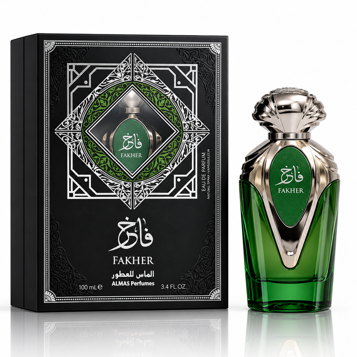 Fakher perfume by Almas Perfumes, shown with its black ornate retail box and the green glass bottle with a silver cap on a white background.