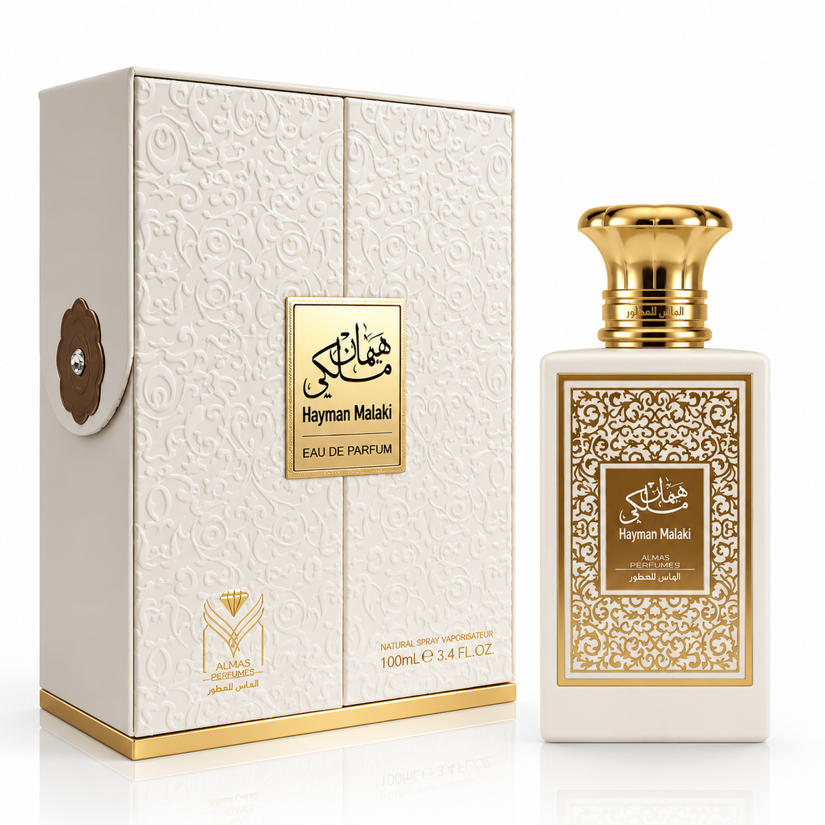 A perfume bottle and its ornate presentation box on a clean white background. The box is cream-colored with embossed floral patterns, a gold label reading 'Hayman Malaki', and a small brown decorative emblem on the left.