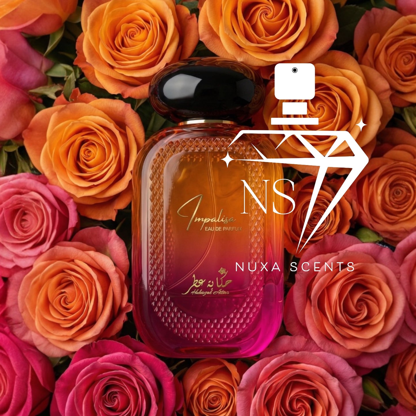 Impalisa perfume bottle surrounded by colorful roses