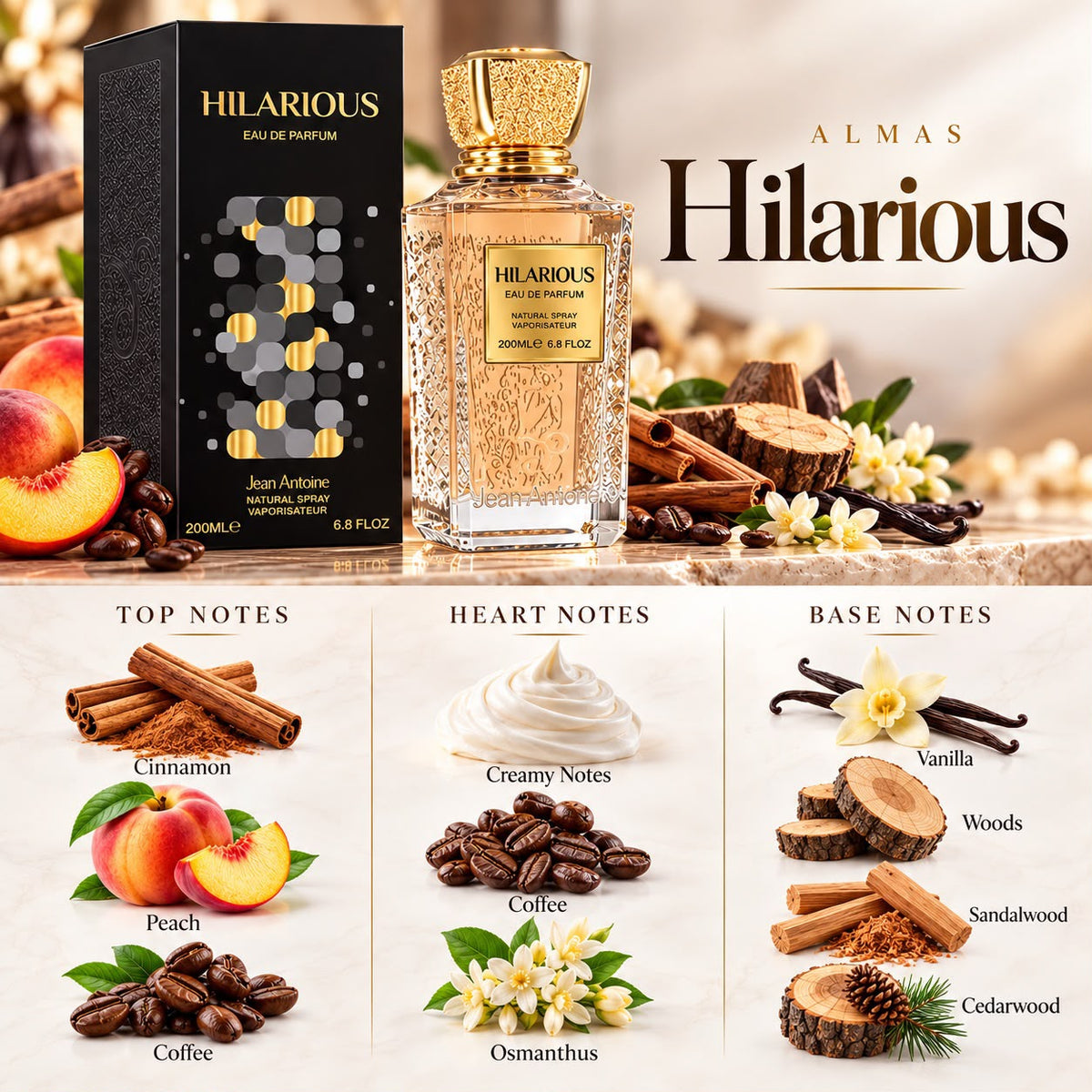 Hilarious - Jean Antoine perfume notes: cinnamon, peach, coffee, osmanthus, vanilla, sandalwood, cedarwood | Nuxa Scents