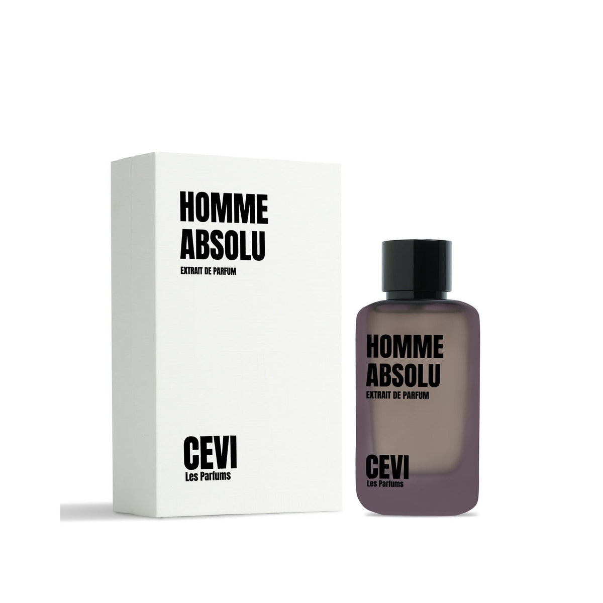 Homme Absolu by Cevi Les Parfums bottle standing next to its white box on a white background