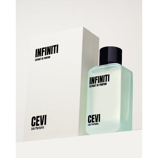 Infiniti by Cevi Les Parfums 100ml extrait de parfum, mint green bottle with black cap in front of its white box