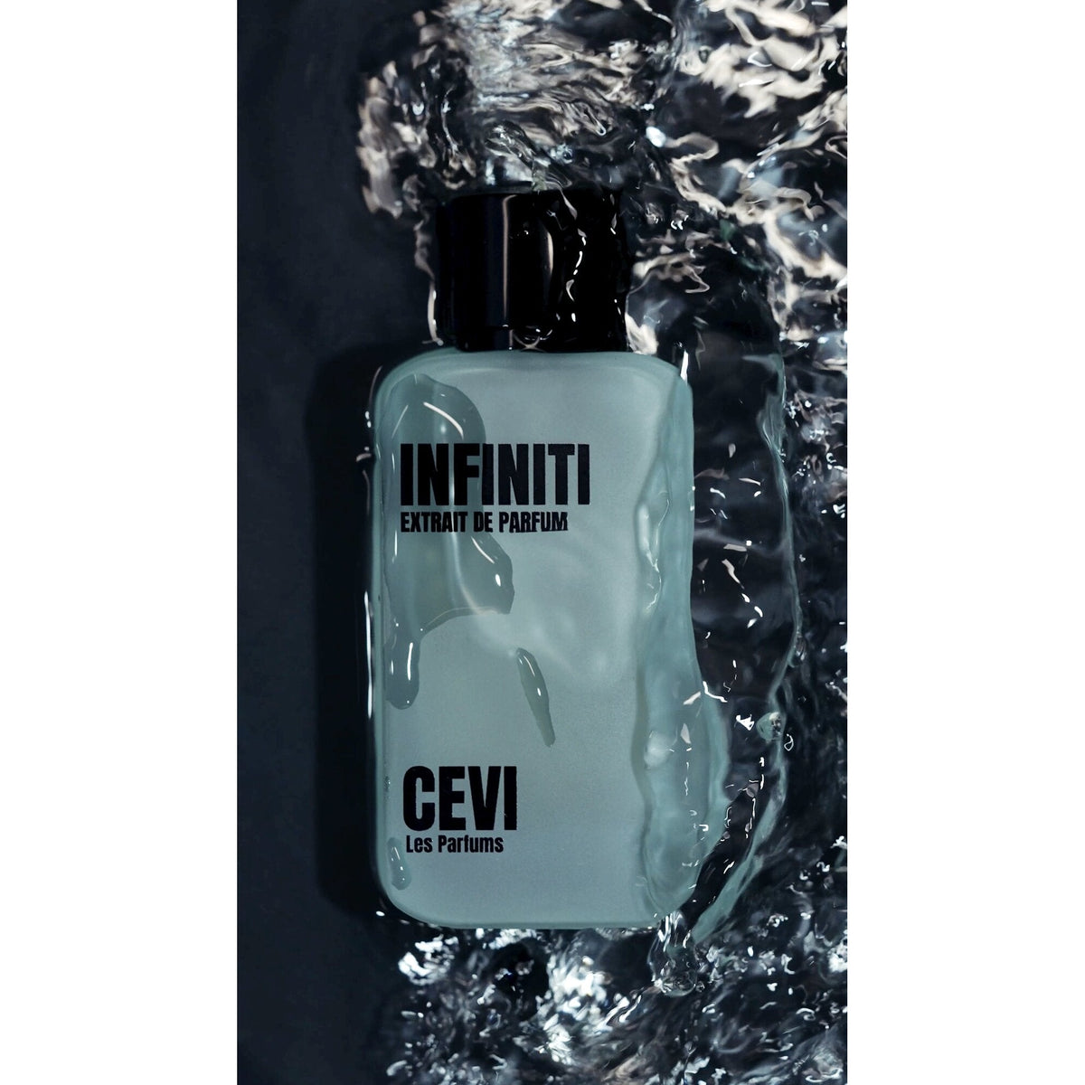 Infiniti by Cevi Les Parfums 100ml extrait de parfum bottle against dark rippling water